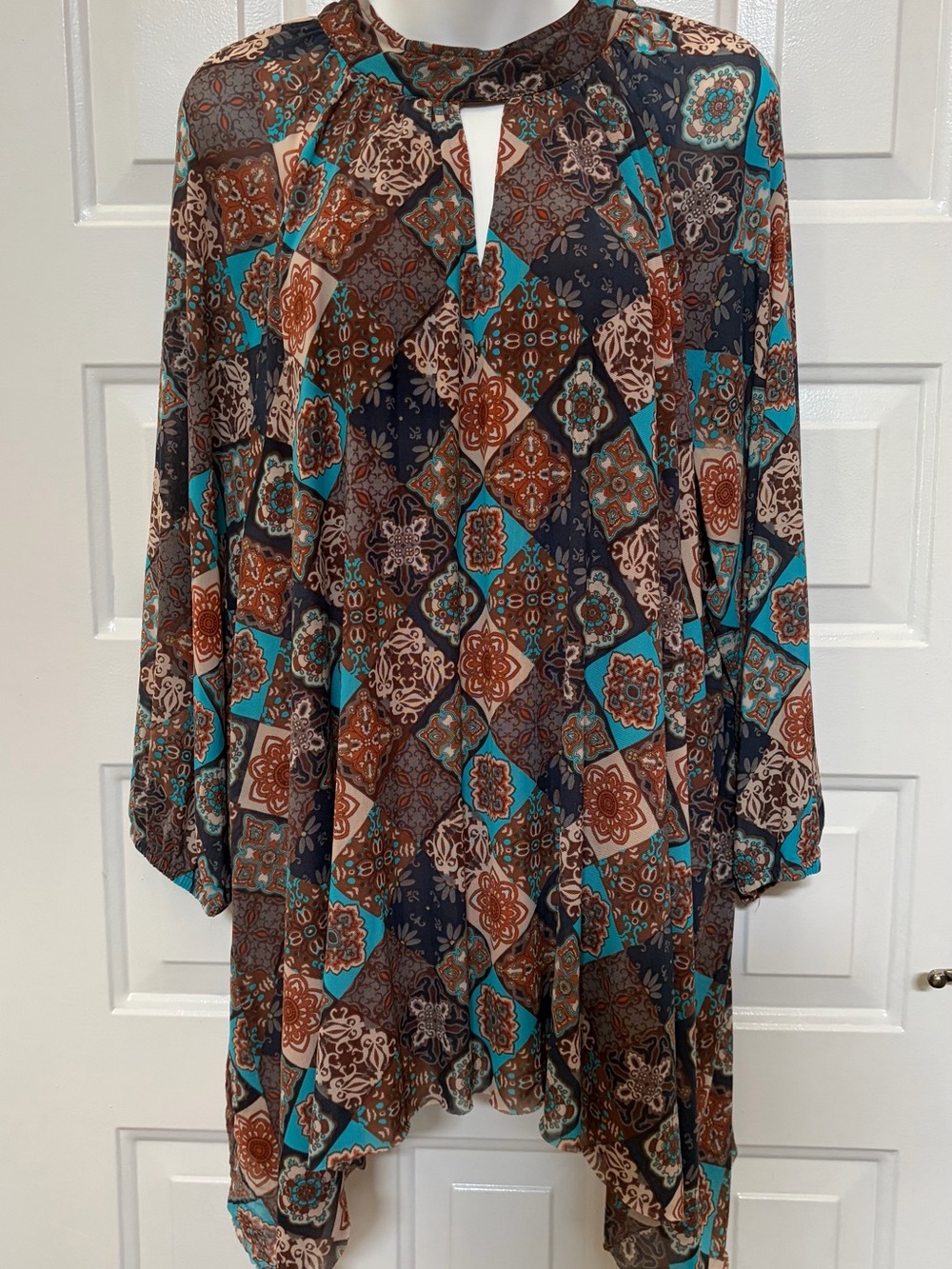 Cato XL Multicolor Brown Turquoise Boho Tunic Long Sleeve Lined Uneven Hem Fall